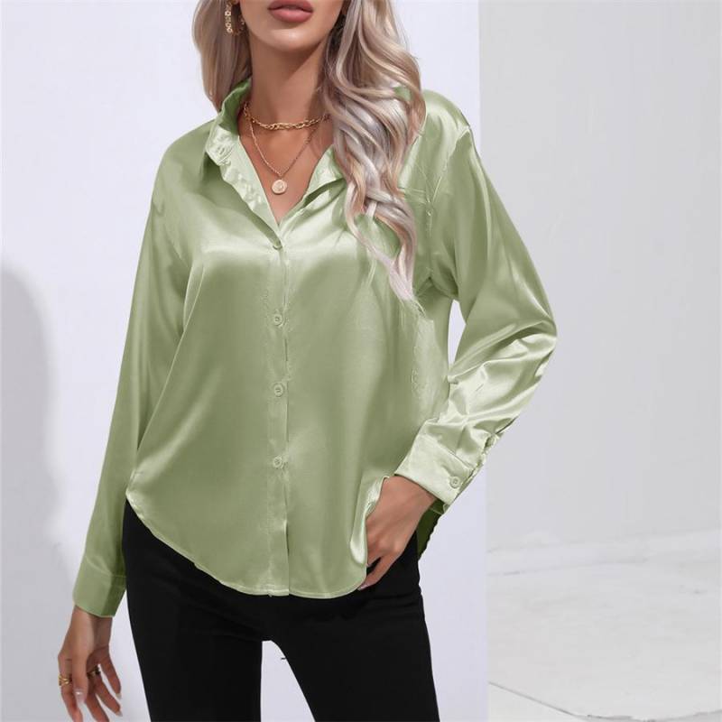 Frühling Herbst Satin Bluse Nachahmung Seide Langarm Shirt für Frauen Plus Größe Lose Tops L von Joom DACH