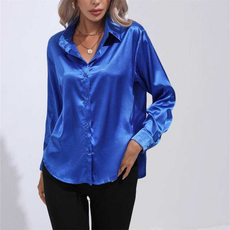 Frühling Herbst Satin Bluse Nachahmung Seide Langarm Shirt für Frauen Plus Größe Lose Tops M saphirblau von Joom DACH