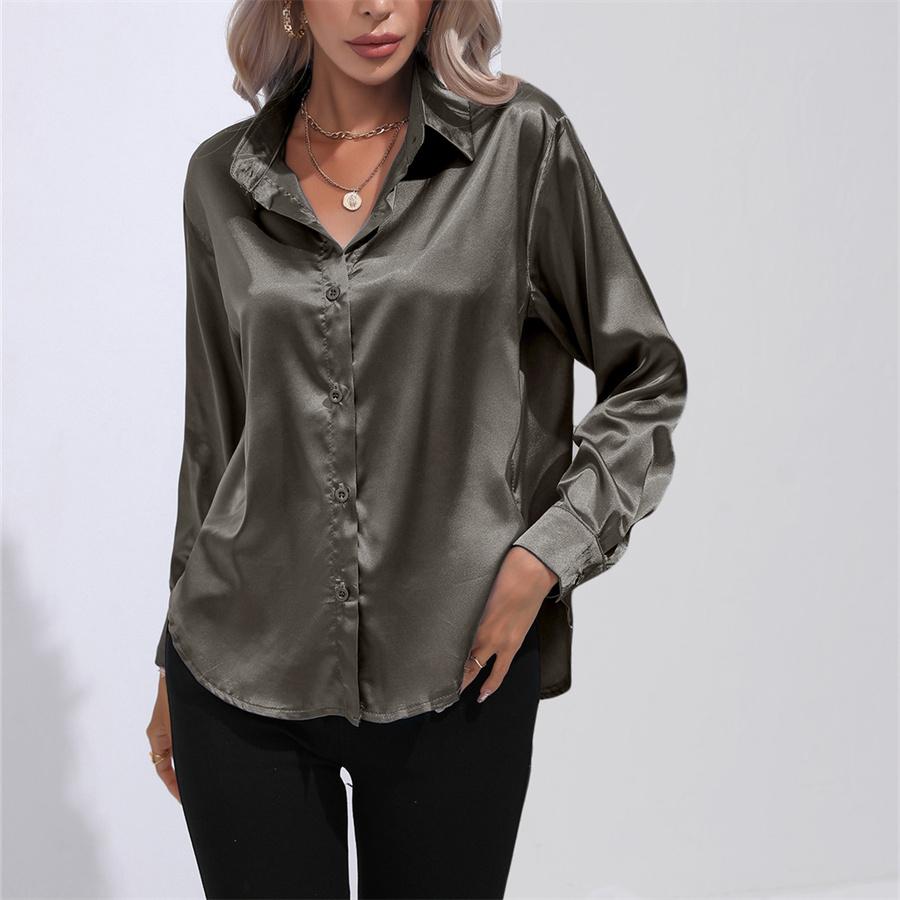 Frühling Herbst Satin Bluse Nachahmung Seide Langarm Shirt für Frauen Plus Größe Lose Tops M dunkelgrau von Joom DACH