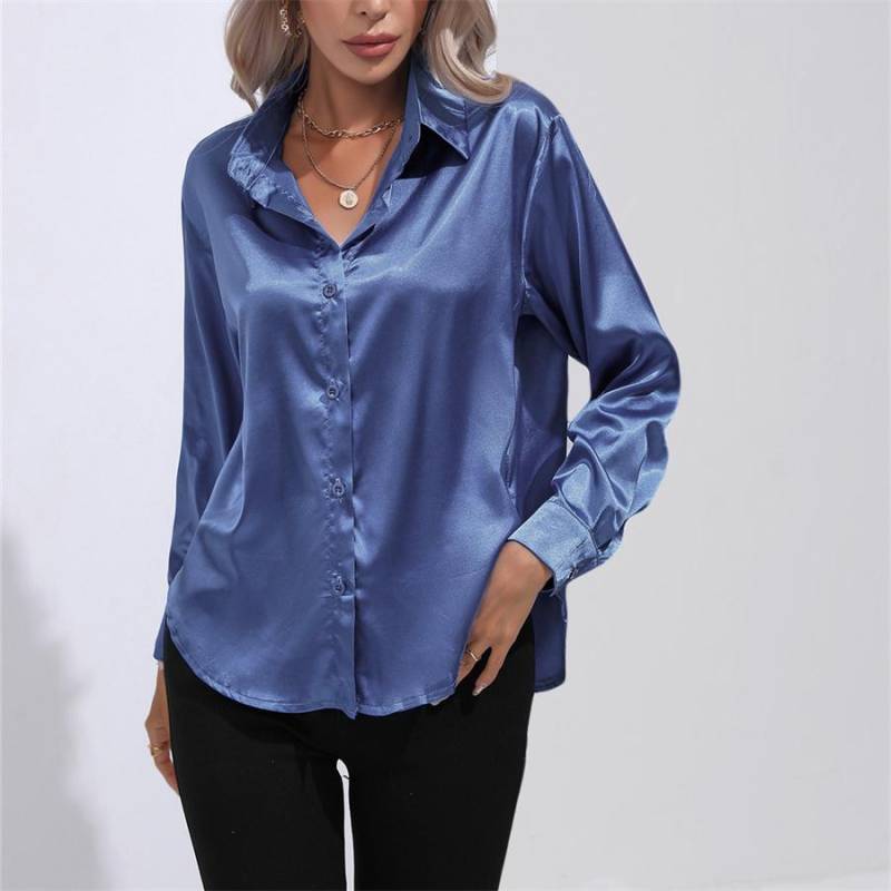 Frühling Herbst Satin Bluse Nachahmung Seide Langarm Shirt für Frauen Plus Größe Lose Tops M von Joom DACH