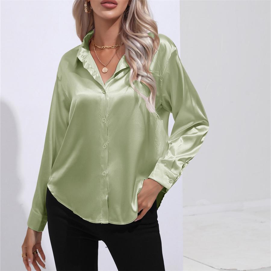 Frühling Herbst Satin Bluse Nachahmung Seide Langarm Shirt für Frauen Plus Größe Lose Tops S hellgrüne von Joom DACH