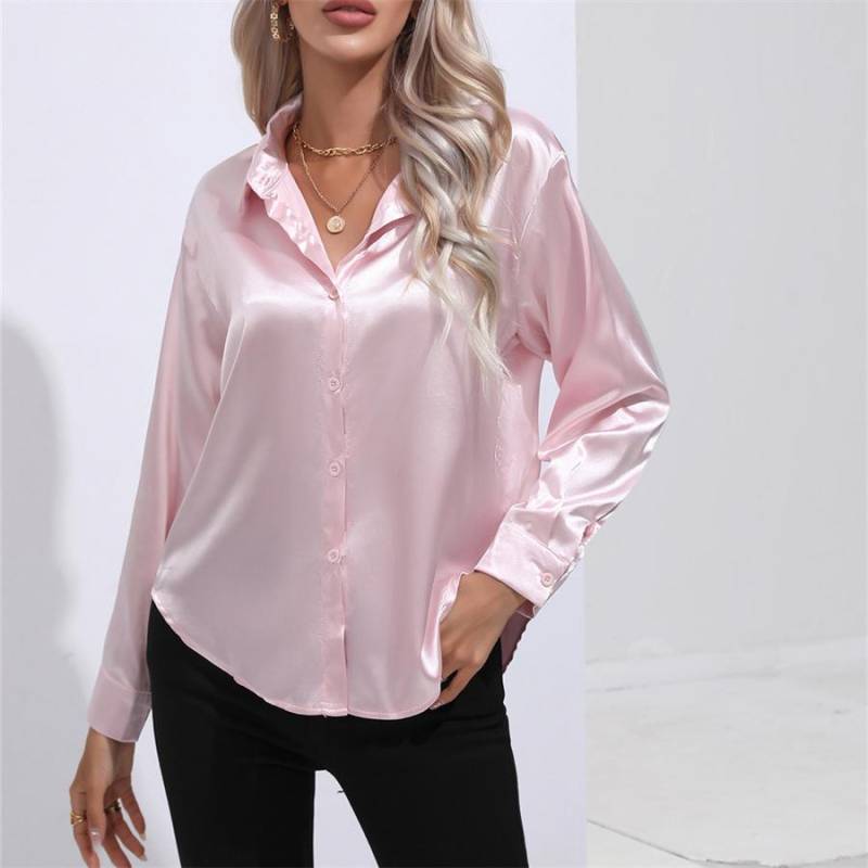 Frühling Herbst Satin Bluse Nachahmung Seide Langarm Shirt für Frauen Plus Größe Lose Tops S rosa von Joom DACH