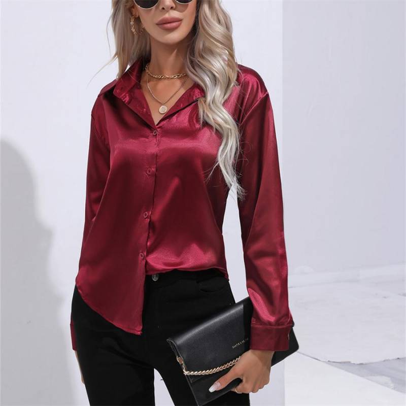 Frühling Herbst Satin Bluse Nachahmung Seide Langarm Shirt für Frauen Plus Größe Lose Tops XL bordeaux von Joom DACH