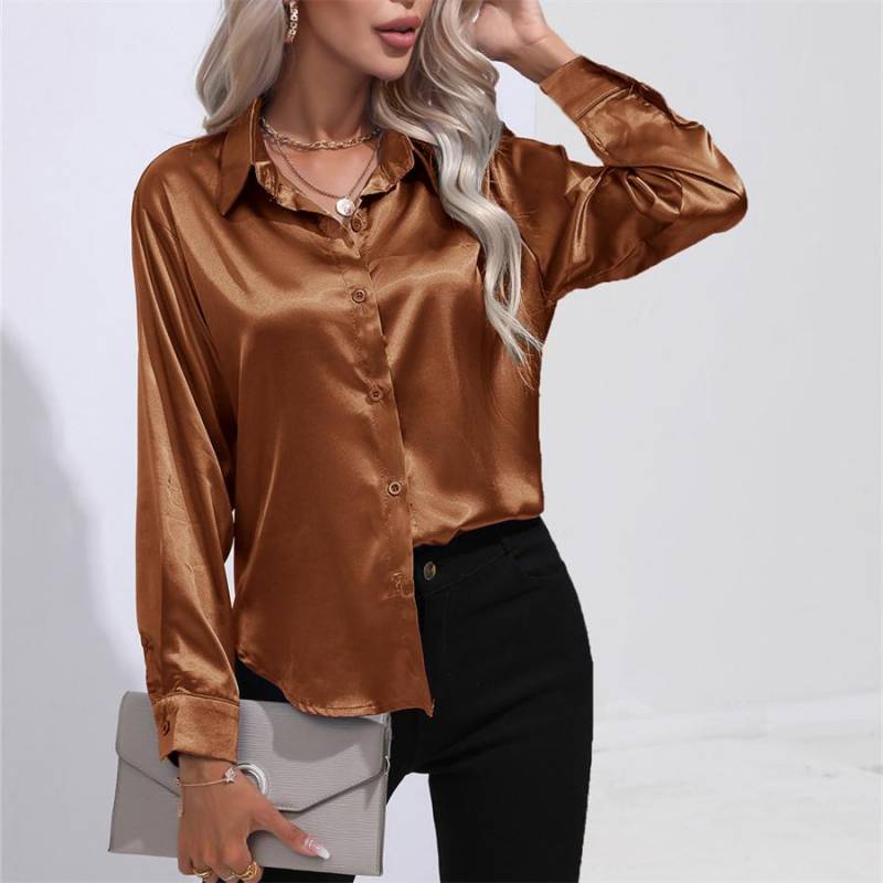 Frühling Herbst Satin Bluse Nachahmung Seide Langarm Shirt für Frauen Plus Größe Lose Tops XL dunkelbraune Frühling Herbst Satin Bluse Nachahmung Seide Langarm Shirt für Frauen Plus Größe Lose Tops XL dunkelbraune von Joom DACH