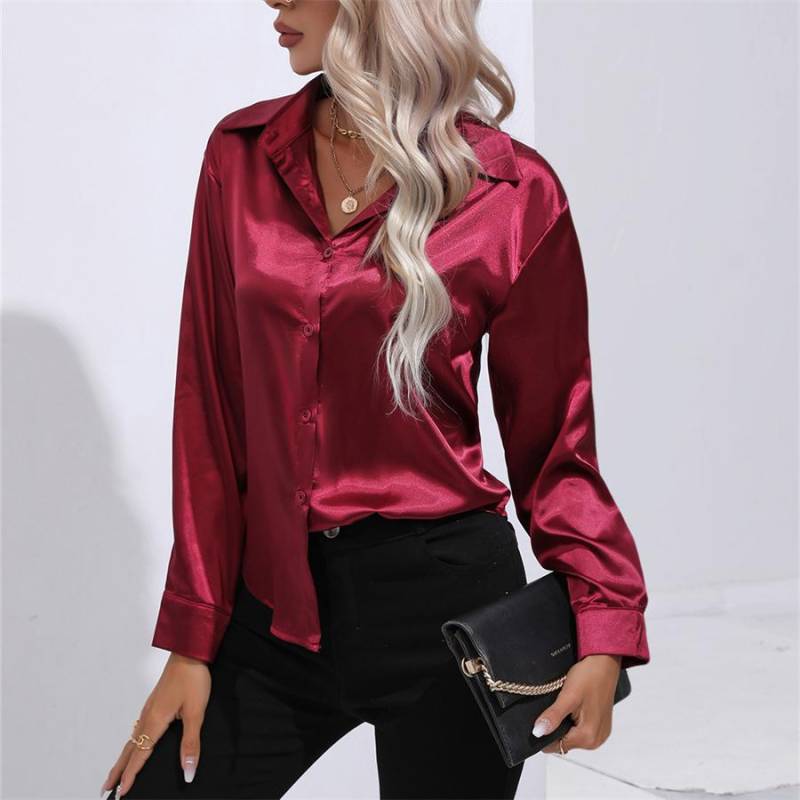 Frühling Herbst Satin Bluse Nachahmung Seide Langarm Shirt für Frauen Plus Größe Lose Tops XXL gelb von Joom DACH