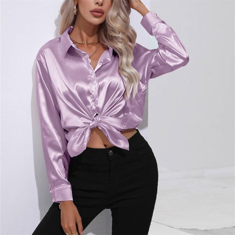 Frühling Herbst Satin Bluse Nachahmung Seide Langarm Shirt für Frauen Plus Größe Lose Tops XXL lavendel von Joom DACH
