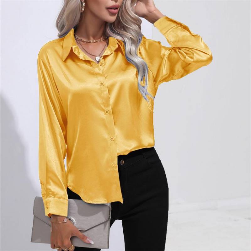 Frühling Herbst Satin Bluse Nachahmung Seide Langarm Shirt für Frauen Plus Größe Lose Tops XXL gelb von Joom DACH