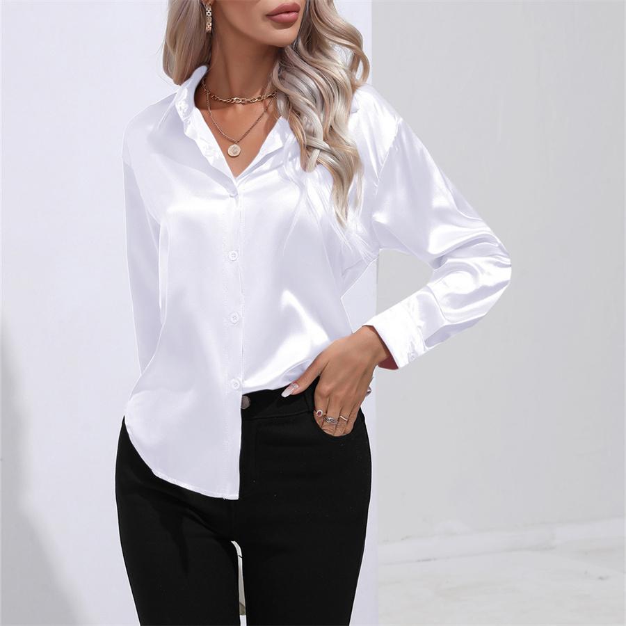 Frühling Herbst Satin Bluse Nachahmung Seide Langarm Shirt für Frauen Plus Größe Lose Tops XXL weiß von Joom DACH