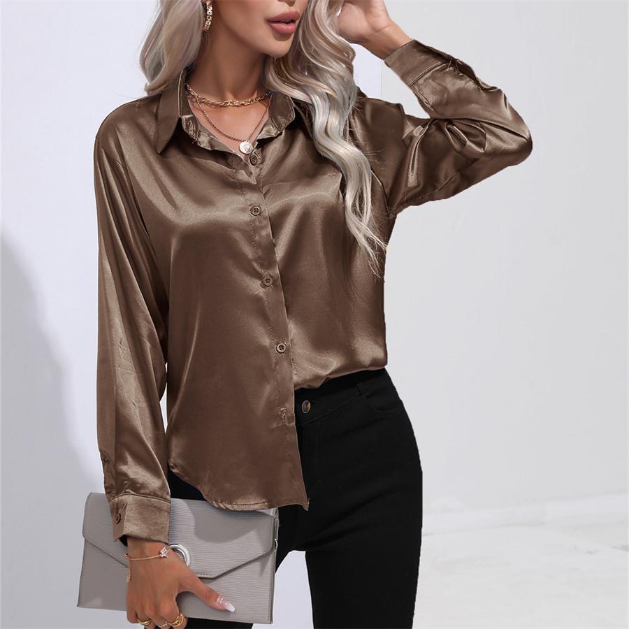 Frühling Herbst Satin Bluse Nachahmung Seide Langarm Shirt für Frauen Plus Größe Lose Tops XXL dunkle khaki von Joom DACH