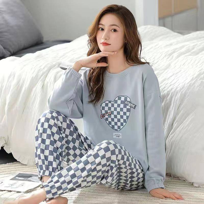 Frühling Herbst Schlaf Lounge Pyjama Langarm Top Polka Dots Frauen Pyjama Sets Cartoon Pyjamas Baumwolle Nachtwäsche Frauen 2XL von Joom DACH