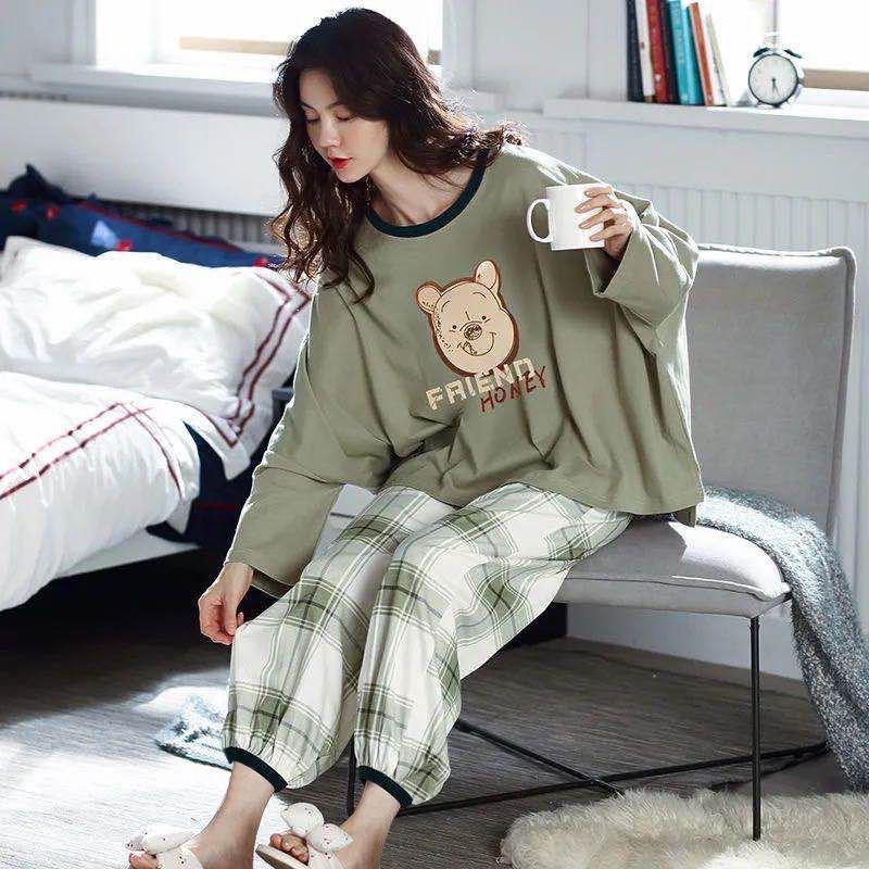 Frühling Herbst Schlaf Lounge Pyjama Langarm Top Polka Dots Frauen Pyjama Sets Cartoon Pyjamas Baumwolle Nachtwäsche Frauen 3XL von Joom DACH