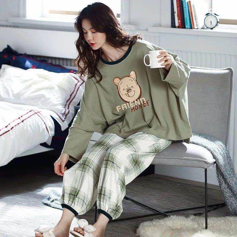 Frühling Herbst Schlaf Lounge Pyjama Langarm Top Polka Dots Frauen Pyjama Sets Cartoon Pyjamas Baumwolle Nachtwäsche Frauen 3XL von Joom DACH