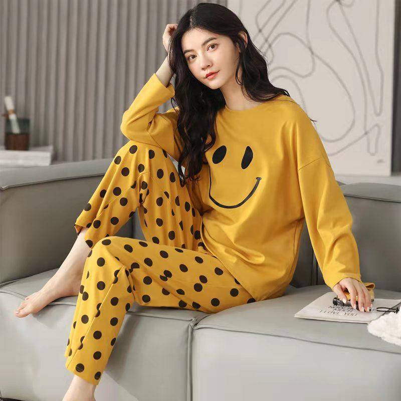 Frühling Herbst Schlaf Lounge Pyjama Langarm Top Polka Dots Frauen Pyjama Sets Cartoon Pyjamas Baumwolle Nachtwäsche Frauen 3XL von Joom DACH