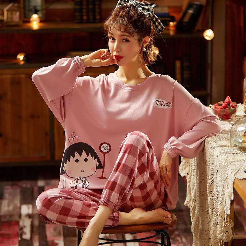 Frühling Herbst Schlaf Lounge Pyjama Langarm Top Polka Dots Frauen Pyjama Sets Cartoon Pyjamas Baumwolle Nachtwäsche Frauen 3XL von Joom DACH