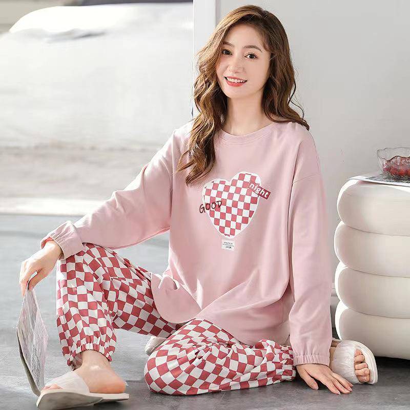 Frühling Herbst Schlaf Lounge Pyjama Langarm Top Polka Dots Frauen Pyjama Sets Cartoon Pyjamas Baumwolle Nachtwäsche Frauen XL von Joom DACH