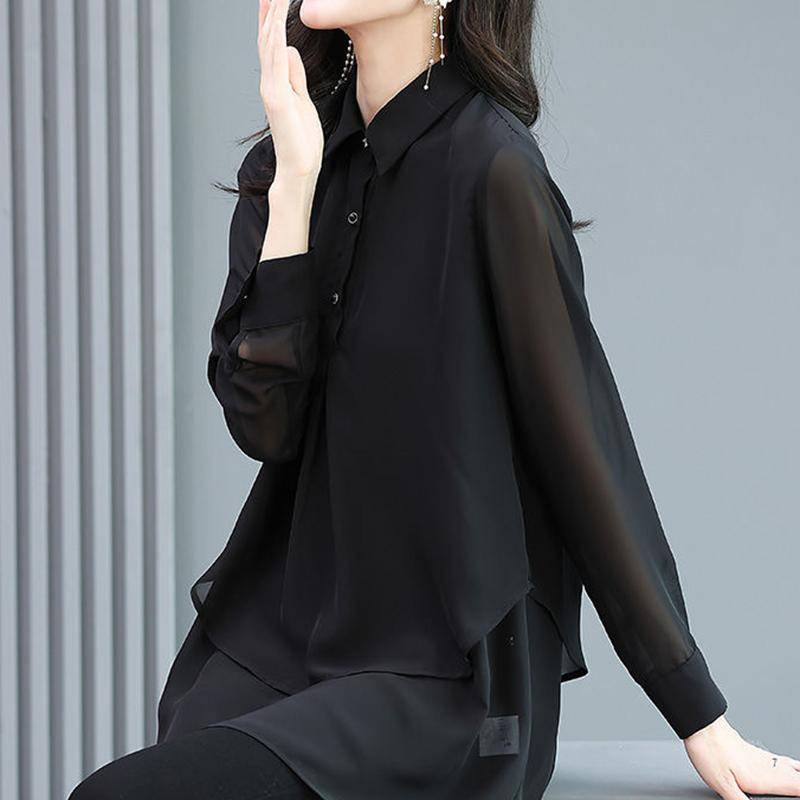 Frühling Herbst Schwarz Elegant Mode Doppellagiges Hemd Damen locker lässiges Oberteil weiblich Langarmbluse 2XL von Joom DACH