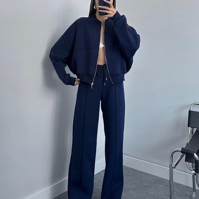 Frühling Herbst Solide Sportwear Trainingsanzug Frauen Rundhals Reißverschluss Sweatshirt Mantel & Jogginghose Outfit Casual Langarm 2 stücke Anzug Set XXL navy blau von Joom DACH