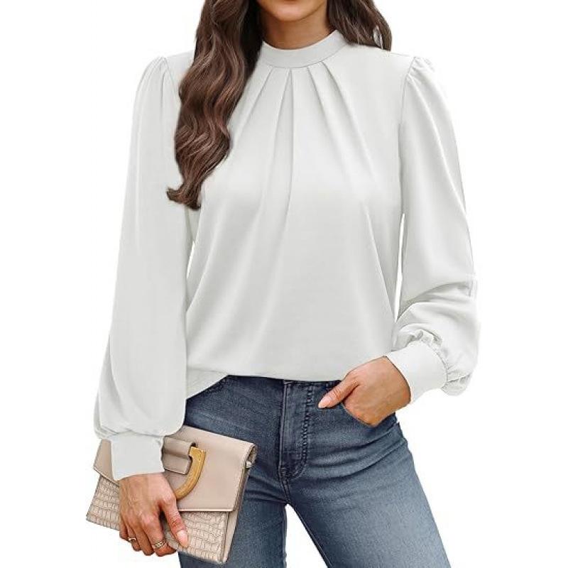 Frühling Herbst Stehkragen Locker Lässig Elegant Pullover Bluse Damen Langarm Einfarbig Falten Hemd Top S weiß von Joom DACH