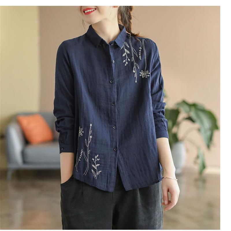 Frühling Herbst Stickerei Baumwolle Leinen Hemd Frauen Langarm Bluse Weiß Blau Lose Revers Button Up Shirts Damen Tops 3XL navy blau von Joom DACH