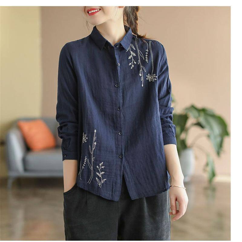 Frühling Herbst Stickerei Baumwolle Leinen Hemd Frauen Langarm Bluse Weiß Blau Lose Revers Button Up Shirts Damen Tops 3XL navy blau von Joom DACH
