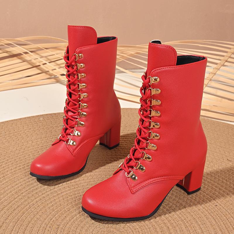 Frühling Herbst Stiefeletten für Frauen Bequeme Plateau Botas Frauen High Heels Schnüren Einfarbig Kurze Ritterstiefel Große Größe 37 rot von Joom DACH