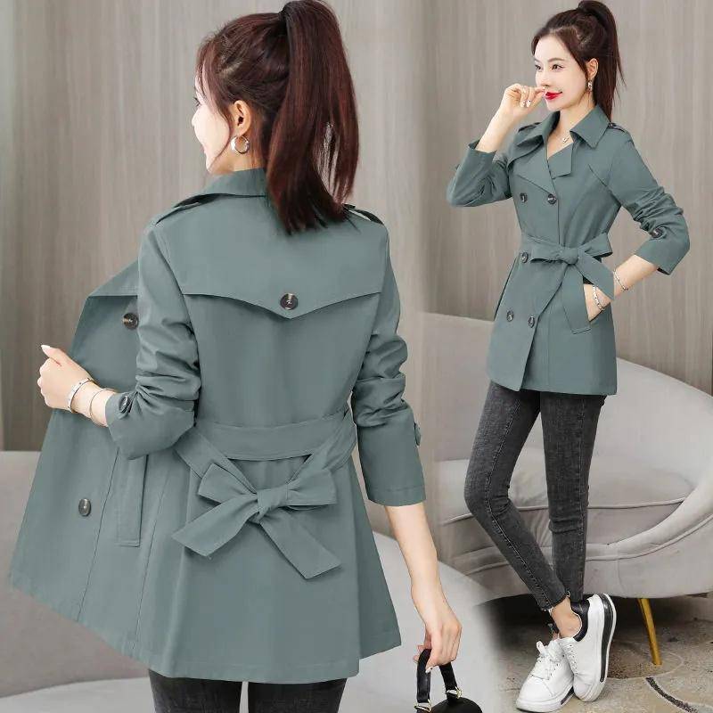 Frühling Herbst Trenchcoat Frauen Kleidung Schlank Lange Ärmeln Kurzen Windjacke mit Gürtel Casual Outwear Weibliche Tops Futter L dunkelgrüne von Joom DACH