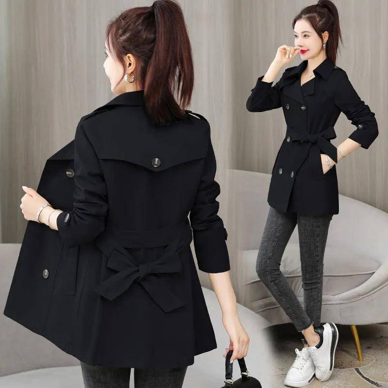 Frühling Herbst Trenchcoat Frauen Kleidung Schlank Lange Ärmeln Kurzen Windjacke mit Gürtel Casual Outwear Weibliche Tops Futter XXXL schwarz von Joom DACH