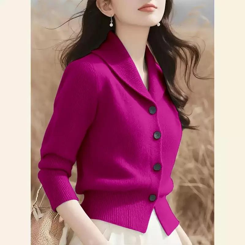 Frühling Herbst Umlegekragen Damen Strick-Cardigan Pullover Mode Koreanische Version Damen Strickwaren Oberteile M rose rot von Joom DACH