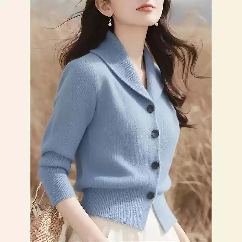Frühling Herbst Umlegekragen Damen Strick-Cardigan Pullover Mode Koreanische Version Damen Strickwaren Oberteile XXL blau von Joom DACH