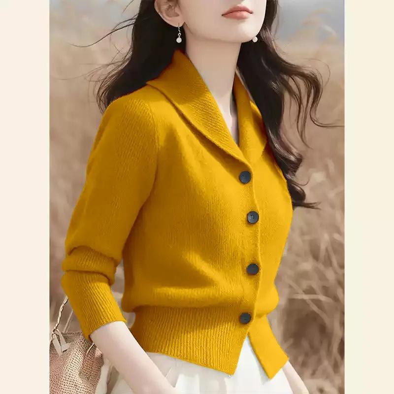 Frühling Herbst Umlegekragen Damen Strick-Cardigan Pullover Mode Koreanische Version Damen Strickwaren Oberteile XXL gelb von Joom DACH
