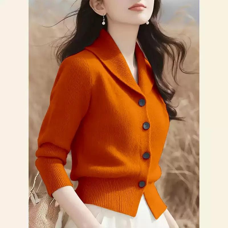 Frühling Herbst Umlegekragen Damen Strick-Cardigan Pullover Mode Koreanische Version Damen Strickwaren Oberteile XXL orange von Joom DACH