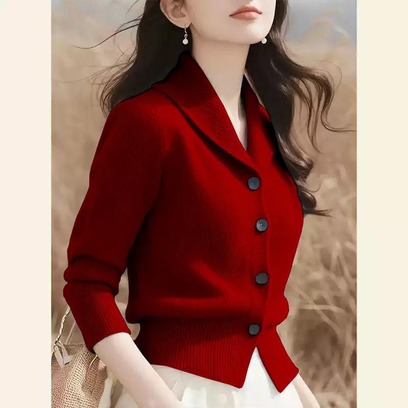 Frühling Herbst Umlegekragen Damen Strick-Cardigan Pullover Mode Koreanische Version Damen Strickwaren Oberteile XXL rot von Joom DACH
