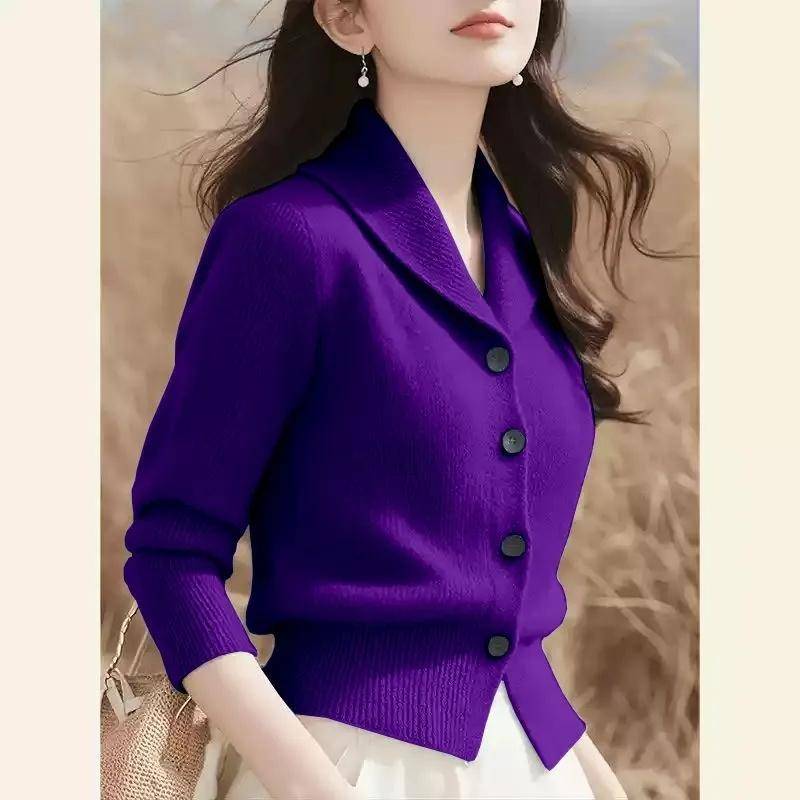 Frühling Herbst Umlegekragen Damen Strick-Cardigan Pullover Mode Koreanische Version Damen Strickwaren Oberteile XXL violett von Joom DACH