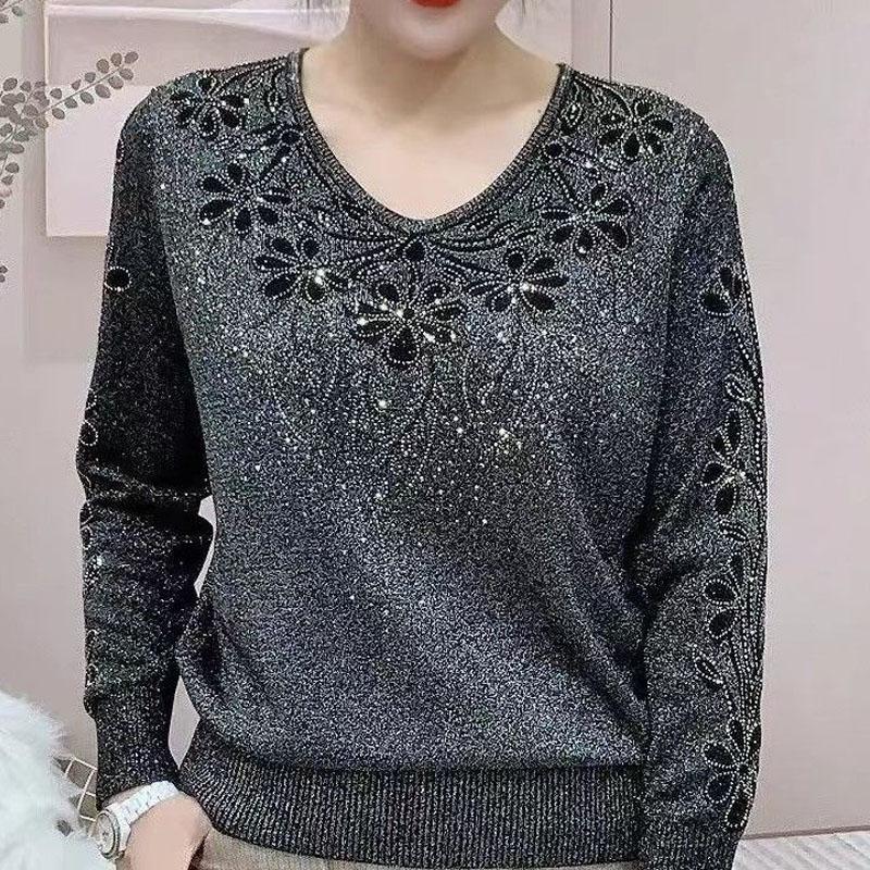 Frühling Herbst V-Ausschnitt Langarm Pullover Damen Diamanten Strickpullover Weiblich Glänzendes Unterteil 4XL silber von Joom DACH