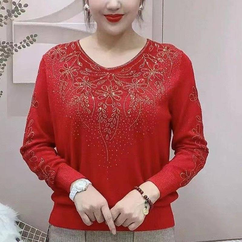 Frühling Herbst V-Ausschnitt Langarm Pullover Damen Diamanten Strickpullover Weiblich Glänzendes Unterteil 5XL rot von Joom DACH