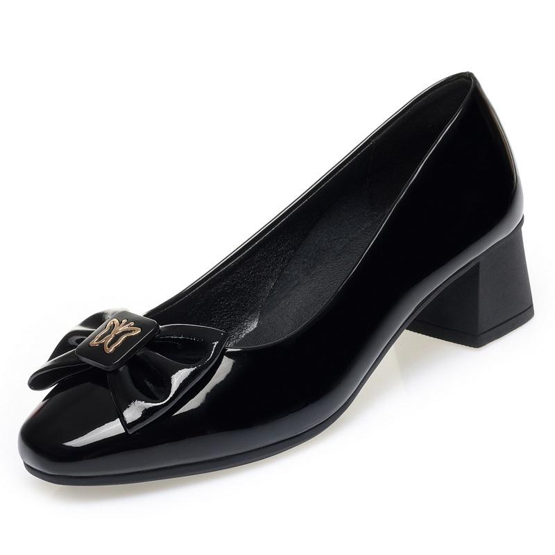 Frühling Herbst Weiches Leder Einzelne Schuhe für Damen Eckige Zehenpartie Flache Öffnung Dicker Absatz Weiche Sohle Bequeme Niedriger Absatz Pumps 36 von Joom DACH