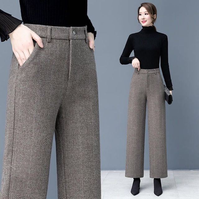 Frühling Herbst Wollanzughose Damen Hose Hohe Taille Locker Weites Bein Gerade Lässig OL Bürodame Haremshose XXXL braun von Joom DACH
