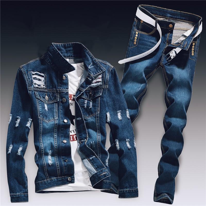 Frühling Herren Denim Zwei Stück Set Loch Zerrissene Slim Fit Jacke Jeans Sets Männlichen Casual Vintage Ropa Hombre Fracht Anzug streetwear M von Joom DACH