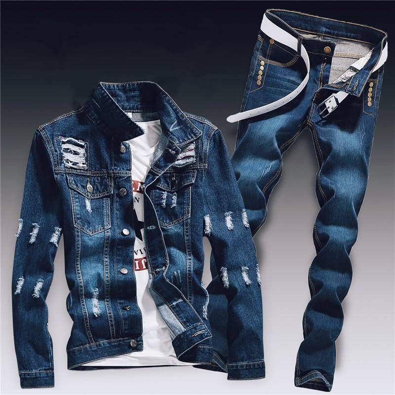 Frühling Herren Denim Zwei Stück Set Loch Zerrissene Slim Fit Jacke Jeans Sets Männlichen Casual Vintage Ropa Hombre Fracht Anzug streetwear M von Joom DACH