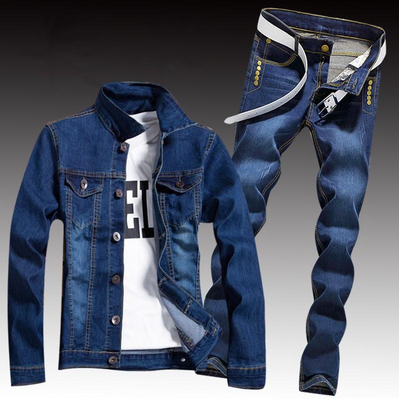 Frühling Herren Denim Zwei Stück Set Loch Zerrissene Slim Fit Jacke Jeans Sets Männlichen Casual Vintage Ropa Hombre Fracht Anzug streetwear S von Joom DACH