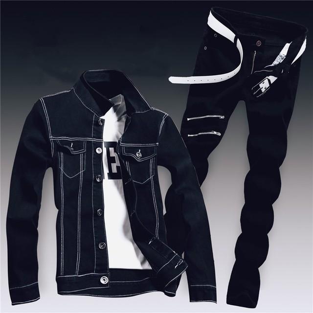 Frühling Herren Denim Zwei Stück Set Loch Zerrissene Slim Fit Jacke Jeans Sets Männlichen Casual Vintage Ropa Hombre Fracht Anzug streetwear S von Joom DACH