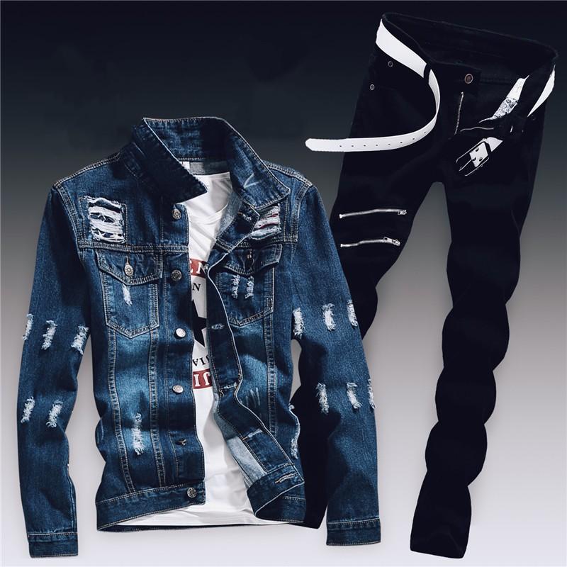 Frühling Herren Denim Zwei Stück Set Loch Zerrissene Slim Fit Jacke Jeans Sets Männlichen Casual Vintage Ropa Hombre Fracht Anzug streetwear S von Joom DACH