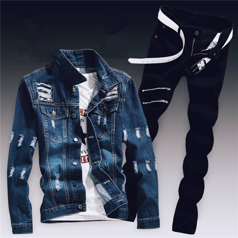 Frühling Herren Denim Zwei Stück Set Loch Zerrissene Slim Fit Jacke Jeans Sets Männlichen Casual Vintage Ropa Hombre Fracht Anzug streetwear S von Joom DACH