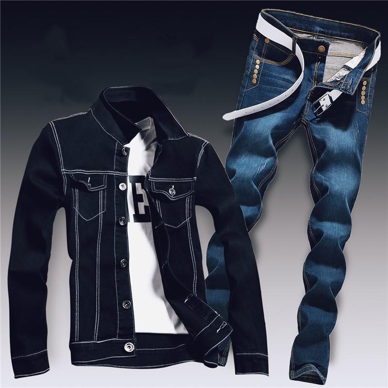 Frühling Herren Denim Zwei Stück Set Loch Zerrissene Slim Fit Jacke Jeans Sets Männlichen Casual Vintage Ropa Hombre Fracht Anzug streetwear S von Joom DACH