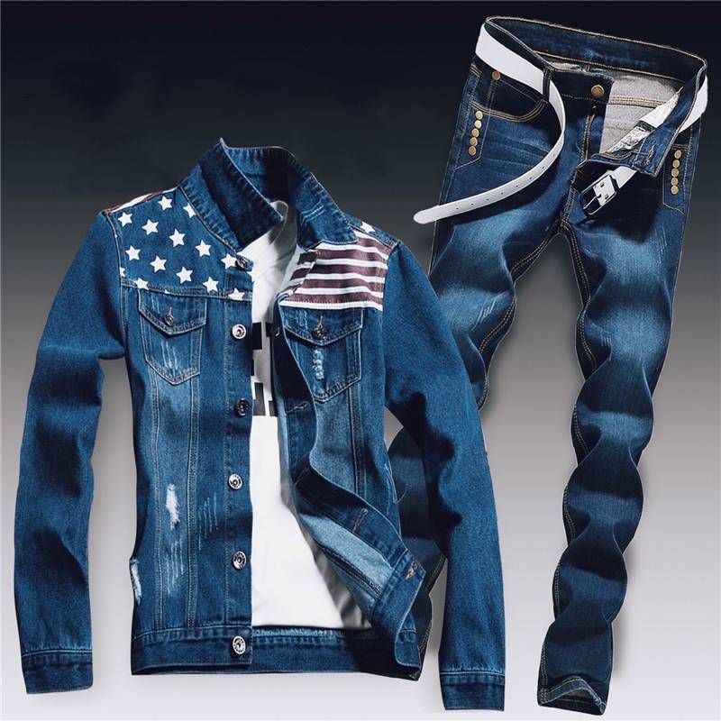 Frühling Herren Denim Zwei Stück Set Loch Zerrissene Slim Fit Jacke Jeans Sets Männlichen Casual Vintage Ropa Hombre Fracht Anzug streetwear XXL von Joom DACH
