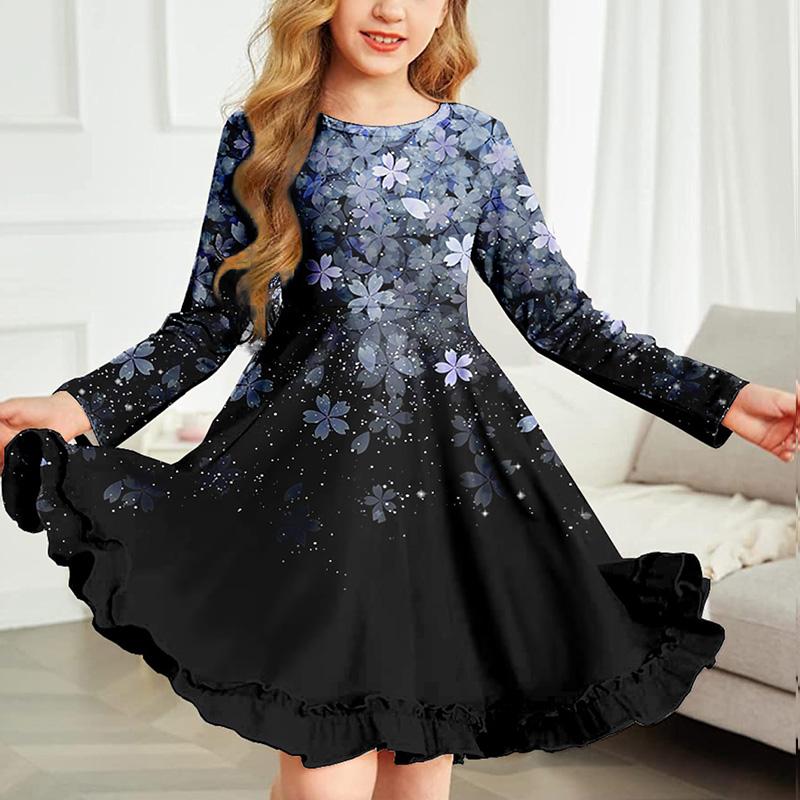 Frühling Mädchen Casual 3D Blühende Kirschblüten Drucken Rundhals Langarm Kleid Kind Prinzessin Kleid 120 blau von Joom DACH