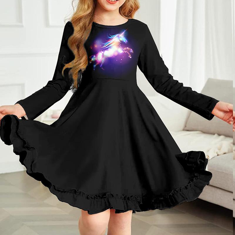 Frühling Mädchen Casual 3D Blühende Kirschblüten Drucken Rundhals Langarm Kleid Kind Prinzessin Kleid 130 schwarz von Joom DACH