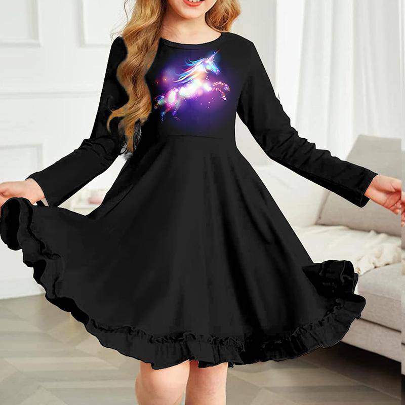 Frühling Mädchen Casual 3D Blühende Kirschblüten Drucken Rundhals Langarm Kleid Kind Prinzessin Kleid 140 schwarz von Joom DACH