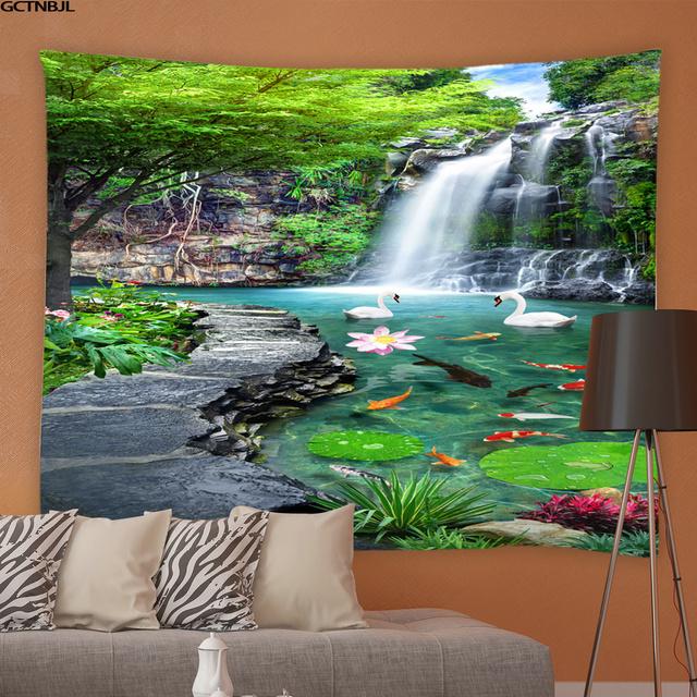 Frühling Natürliche Landschaft Wandteppich 3D Wald Wasserfall Landschaft Wandbehang Hause Hintergrund Tuch Dekor Garten Poster für Außerhalb 150x100cm von Joom DACH