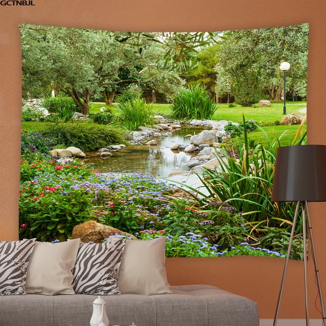 Frühling Natürliche Landschaft Wandteppich 3D Wald Wasserfall Landschaft Wandbehang Hause Hintergrund Tuch Dekor Garten Poster für Außerhalb 95x73cm von Joom DACH